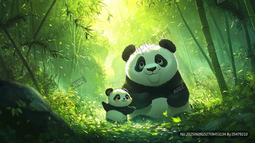 熊猫母子的竹林温馨时光
