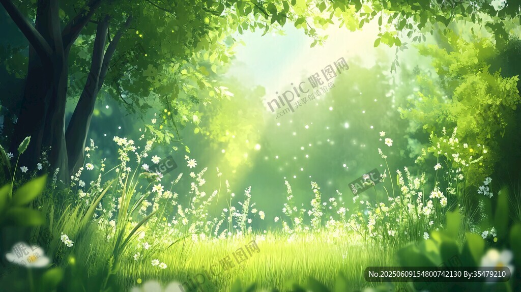 阳光洒落的梦幻森林草地