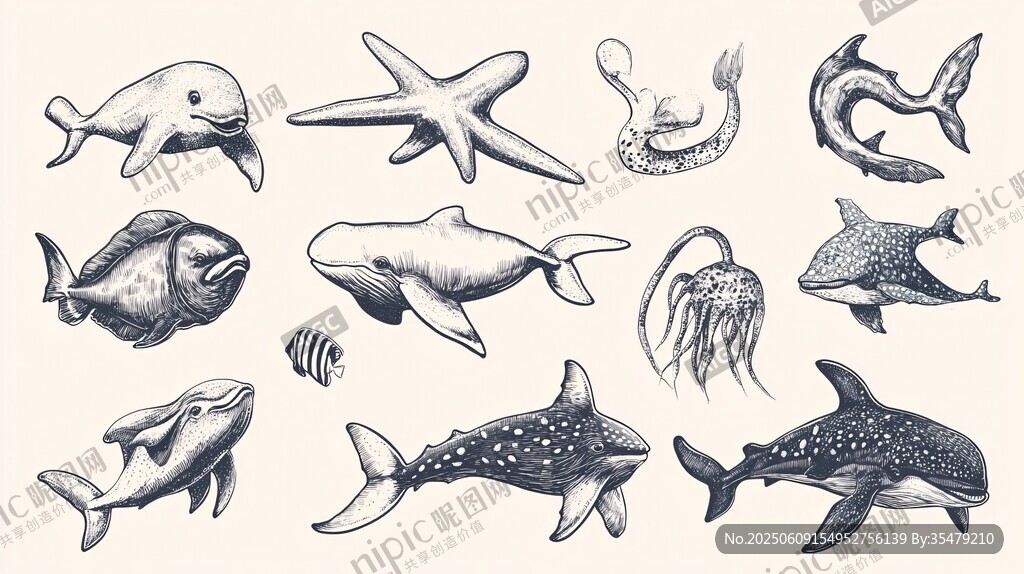 手绘海洋生物集合