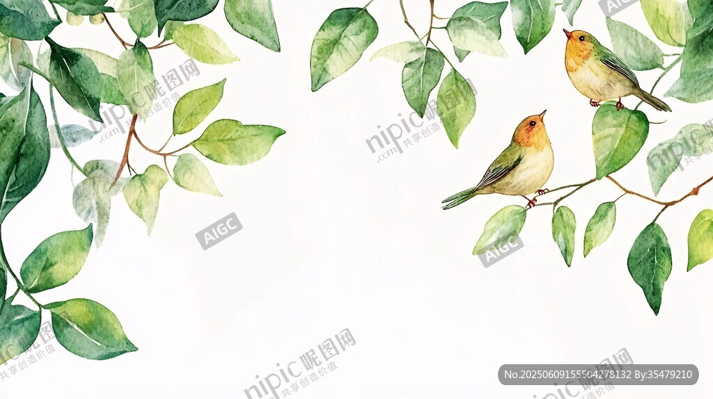 绿叶间双鸟的清新水彩画