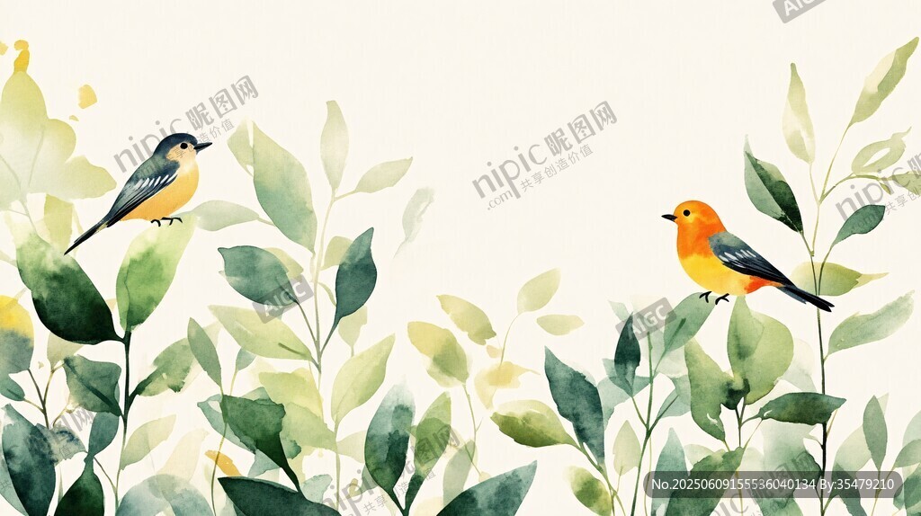 绿叶间的双鸟水彩画