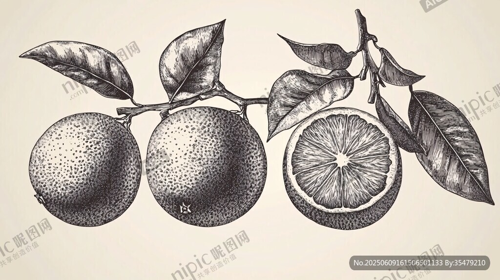 复古风格柠檬枝叶插画