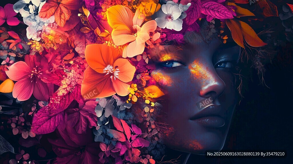 花簇中的神秘女性面孔