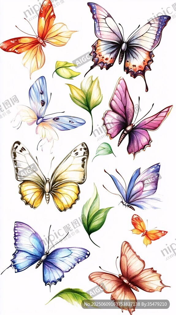 多彩蝴蝶与叶片插画素材