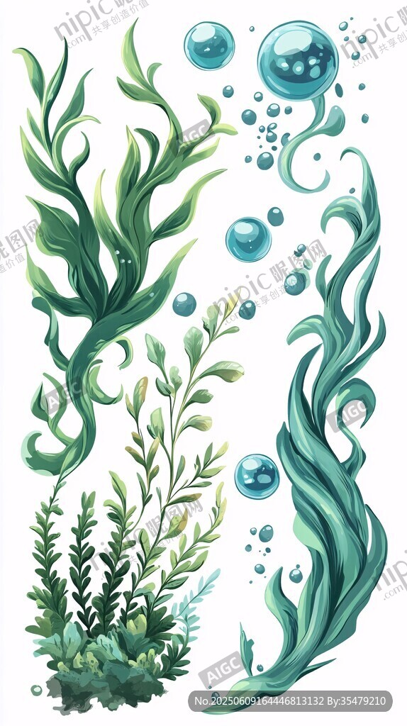 海洋水草气泡水彩插画