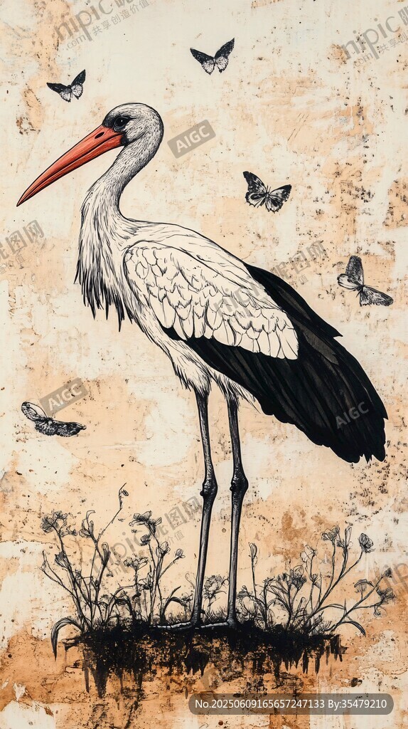 复古风白鹳与蝴蝶插画