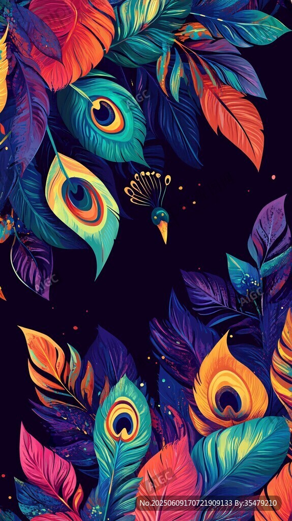 孔雀羽毛与花叶绚丽图案