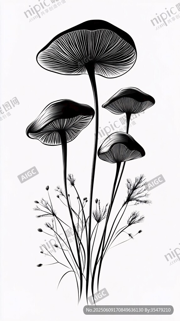 黑白蘑菇插画与草本植物