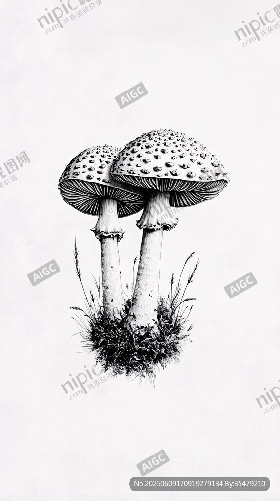 黑白手绘双生蘑菇图