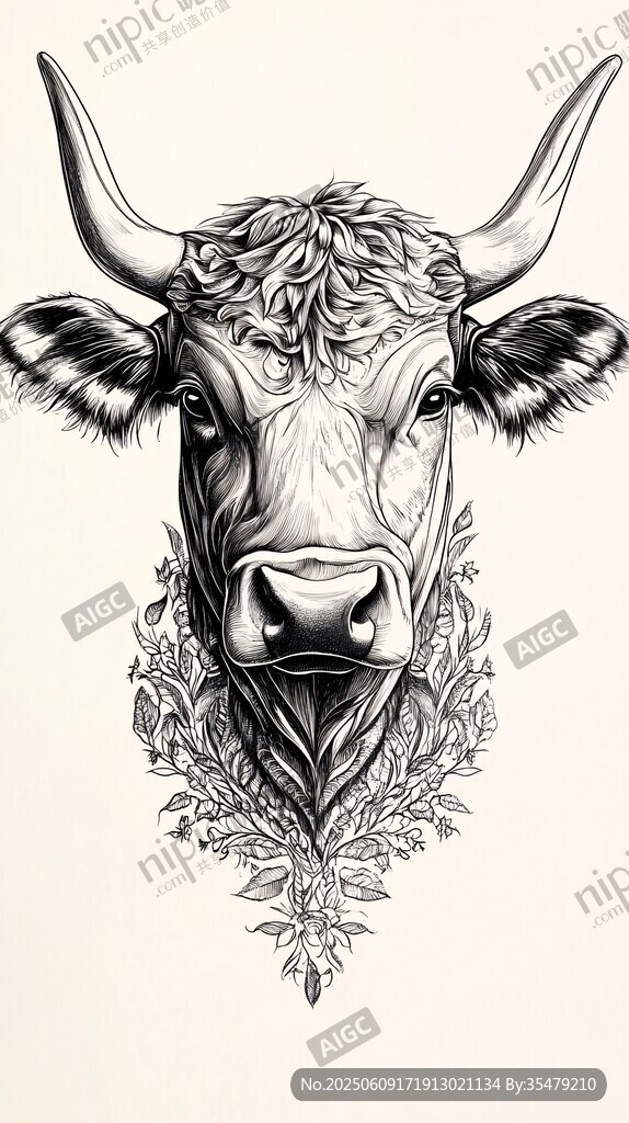 牛首黑白插画 枝叶环绕
