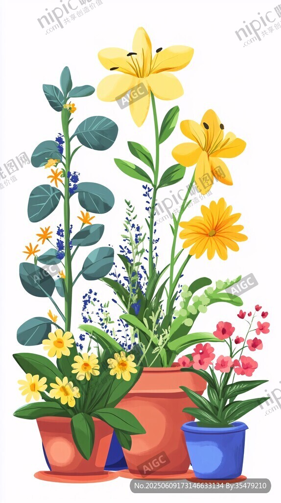 多彩盆栽花卉组合插画