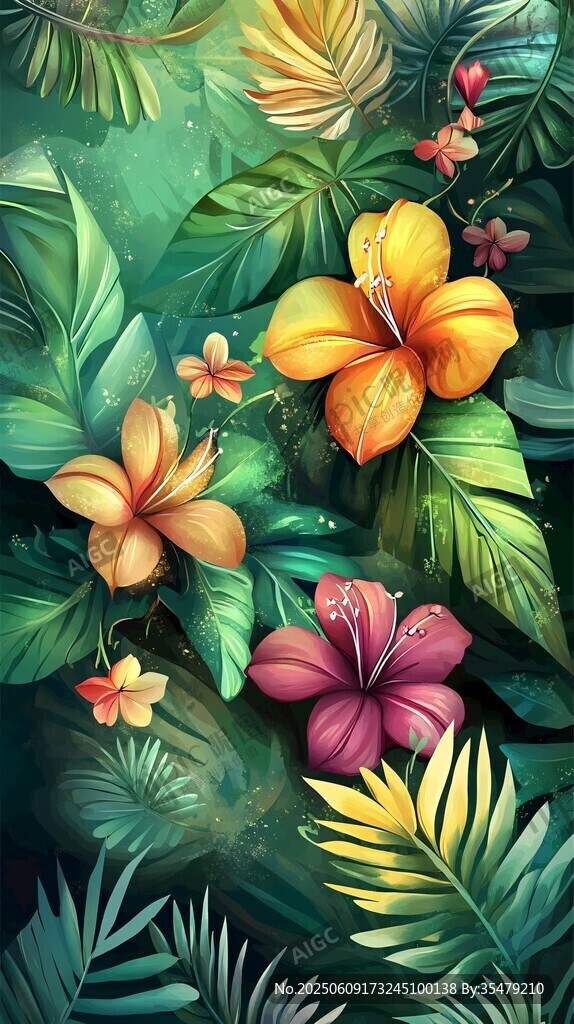 热带花卉与绿叶的梦幻组合