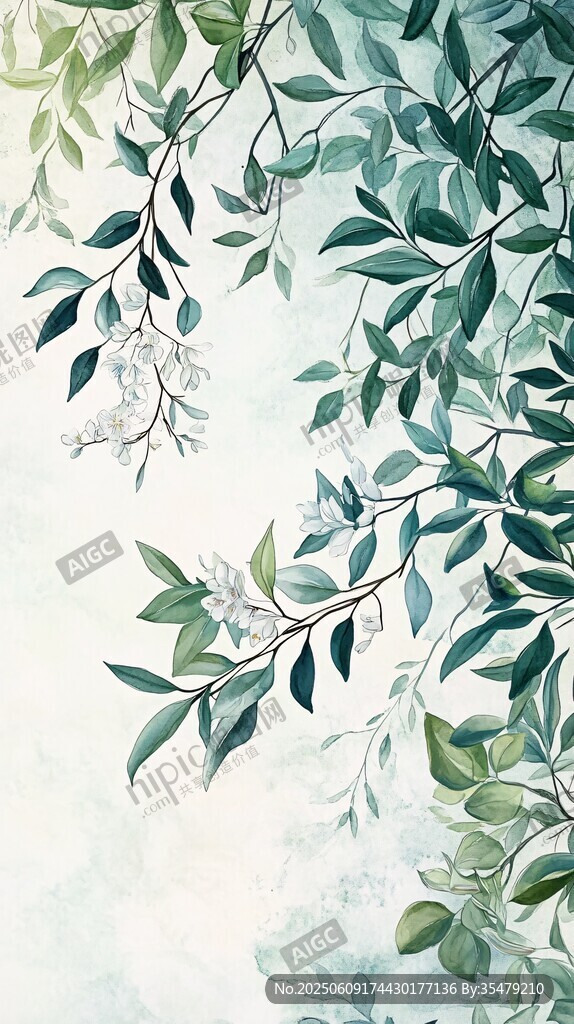 清新枝叶花卉水彩背景图