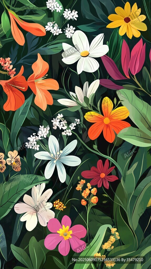 缤纷花卉插画 绿意盎然