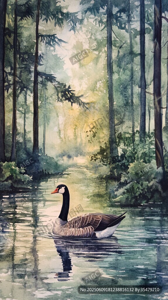 林间水畔孤游的优雅大雁