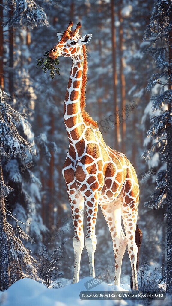 雪地中进食的高大长颈鹿