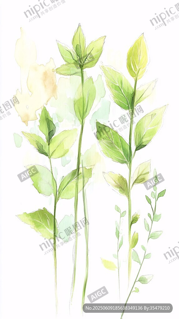 清新水彩风绿色植物插画