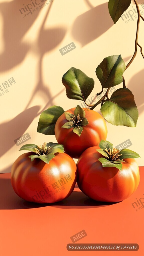三个柿子与绿叶的静物图