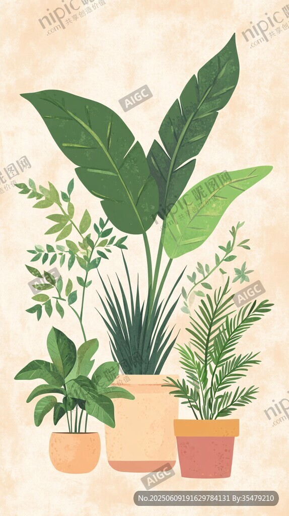 室内盆栽绿植组合插画