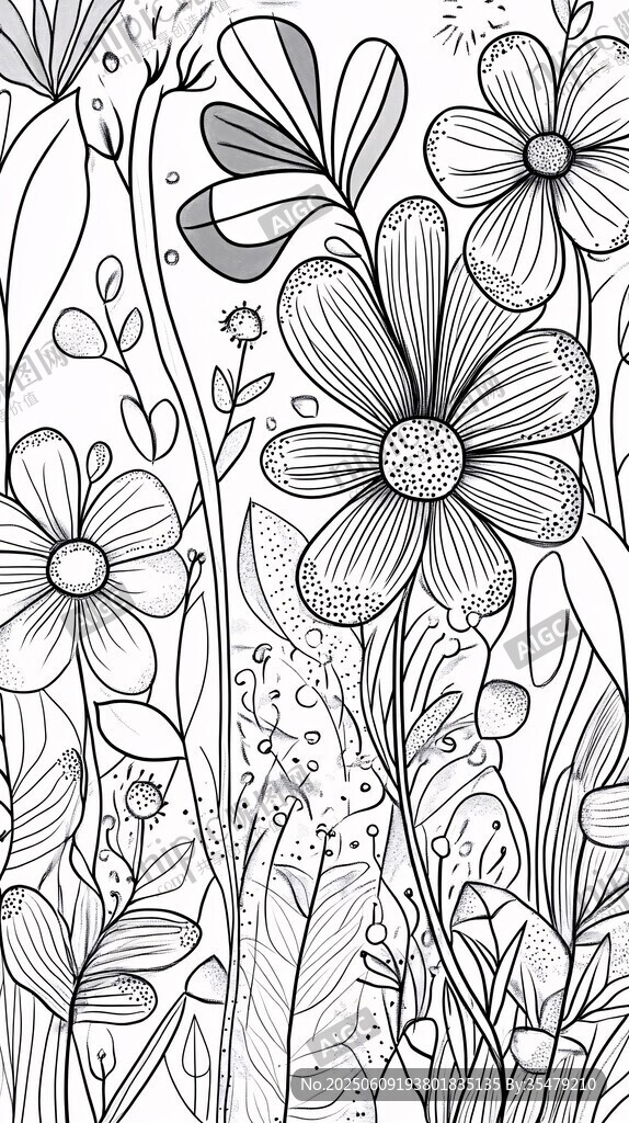 黑白手绘花卉图案插画