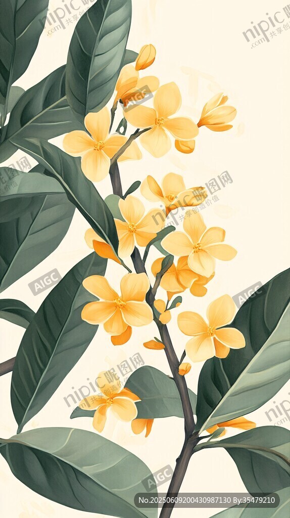 黄色花朵绿叶插画特写