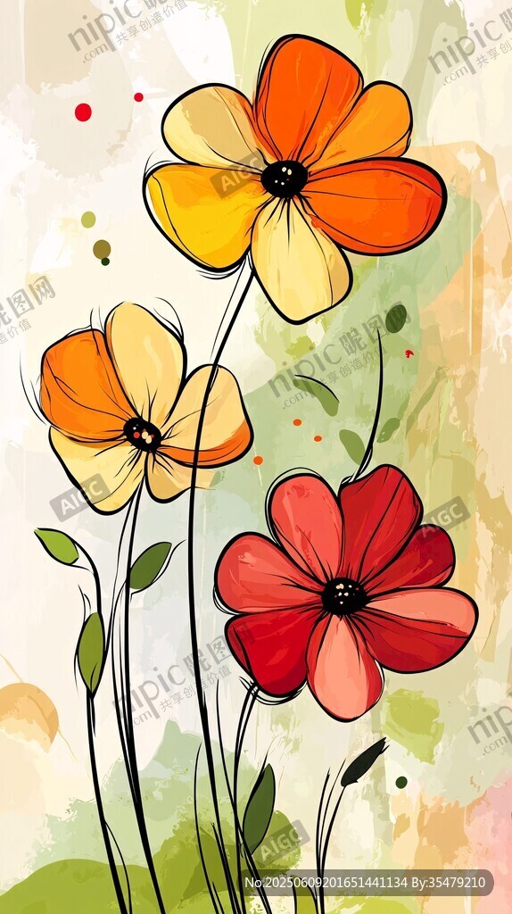 手绘三色花卉插画