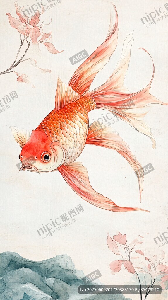 水墨金鲤戏花图