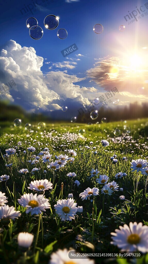 阳光花海中的梦幻泡泡