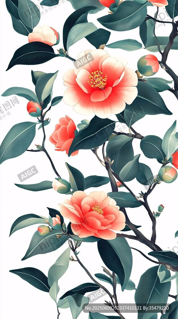盛开的山茶花与绿叶图景
