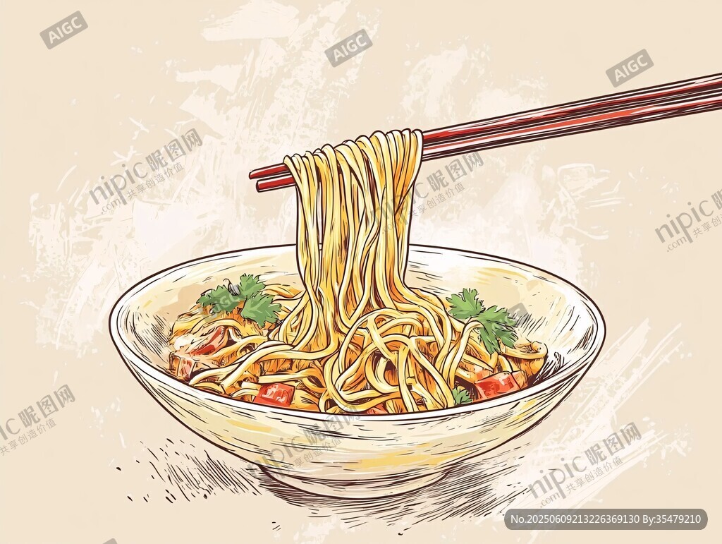 手绘美味面条被筷子夹起