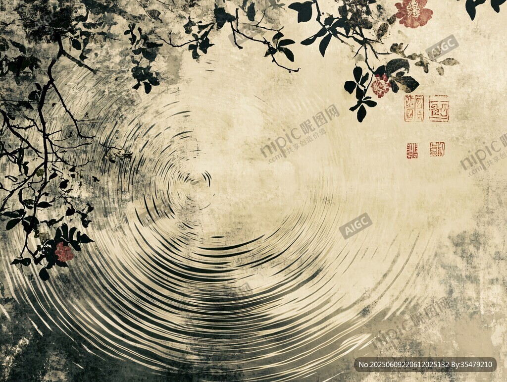 水墨涟漪间的花鸟景致