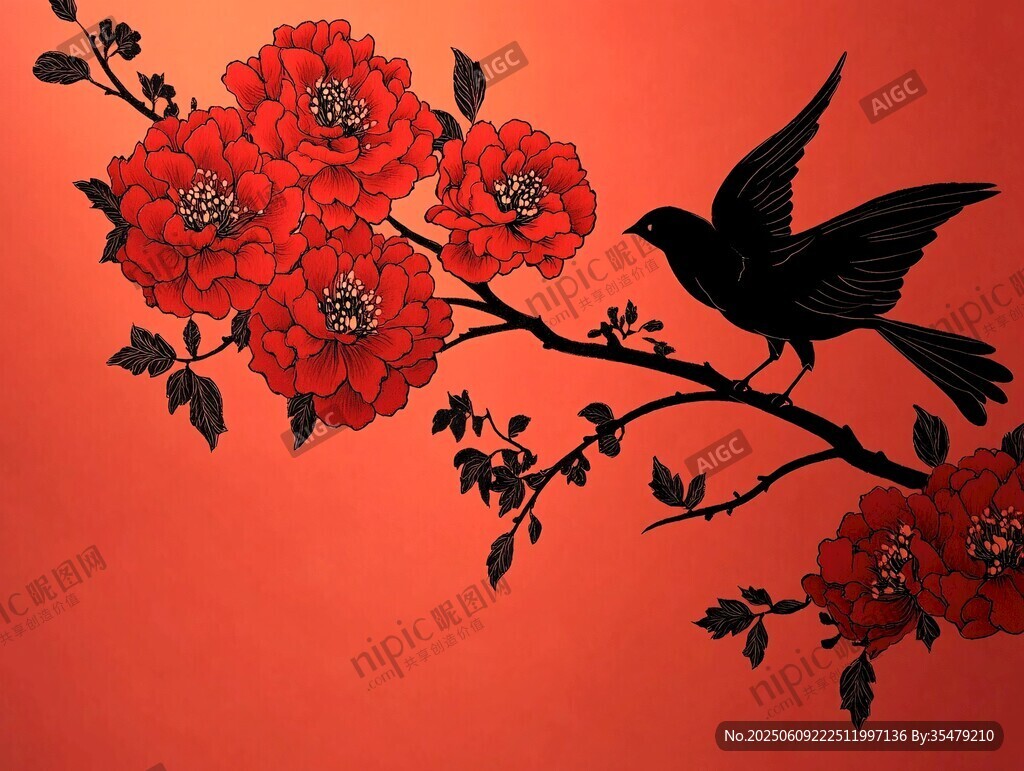 红枝栖鹊绽艳花
