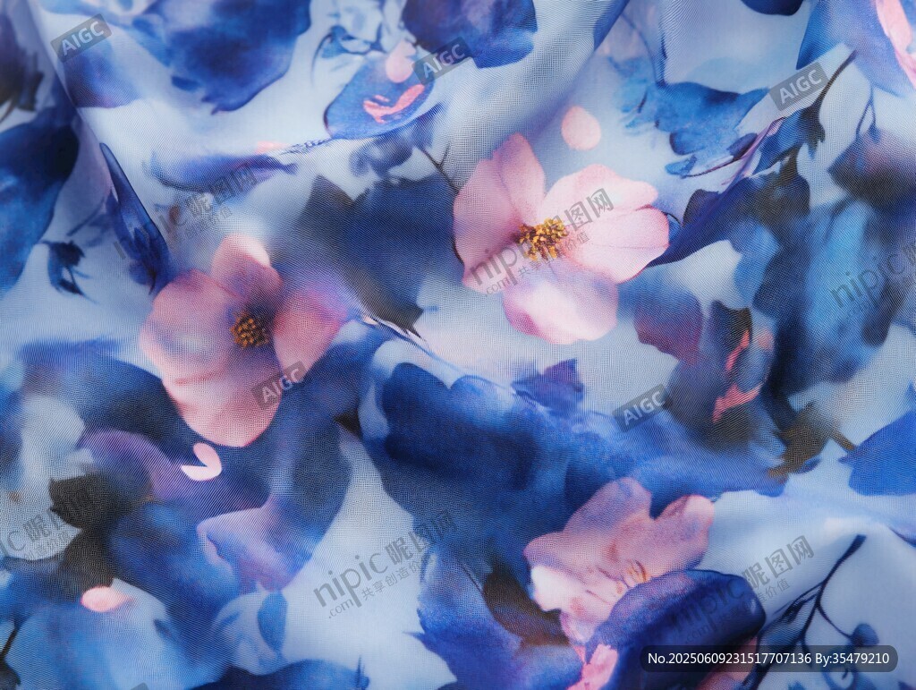 蓝粉花卉图案布料