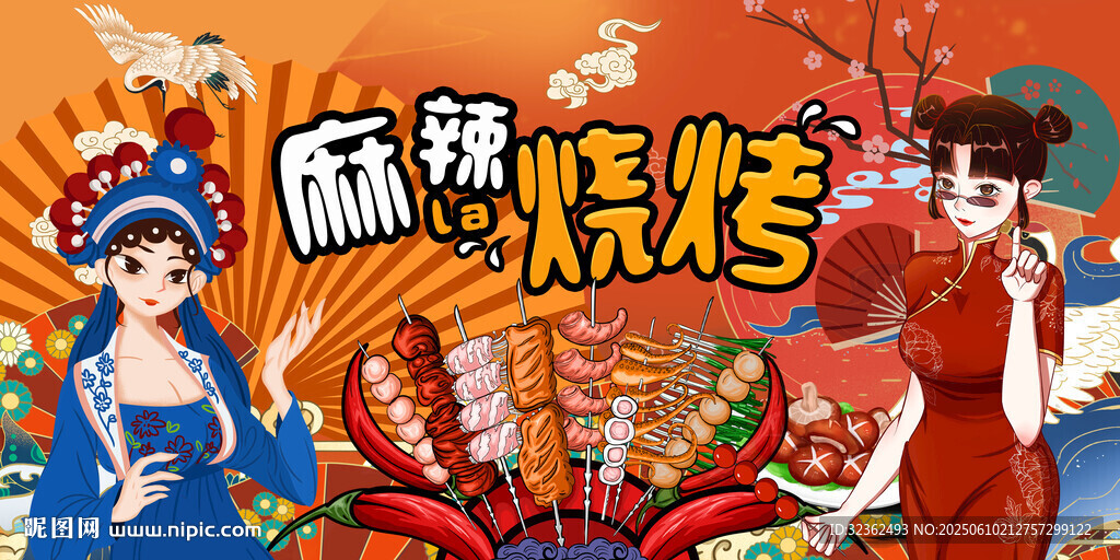 国潮烧烤背景墙