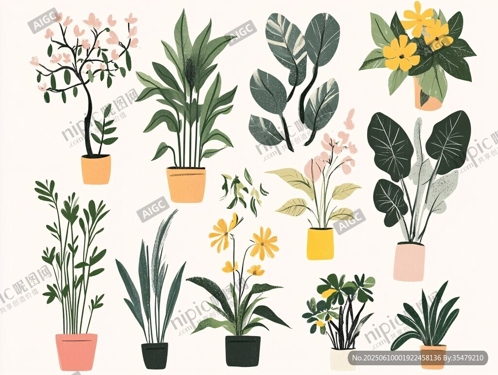 可爱盆栽植物插画集合
