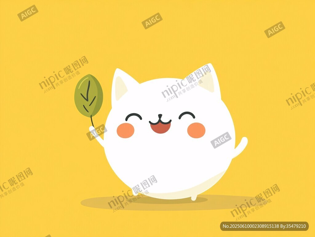 可爱白猫手持绿叶笑嘻嘻