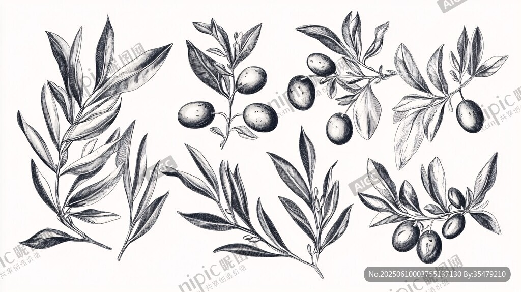 手绘橄榄枝叶与果实插画