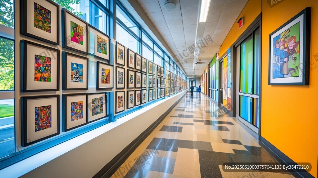 校园艺术走廊的多彩画作
