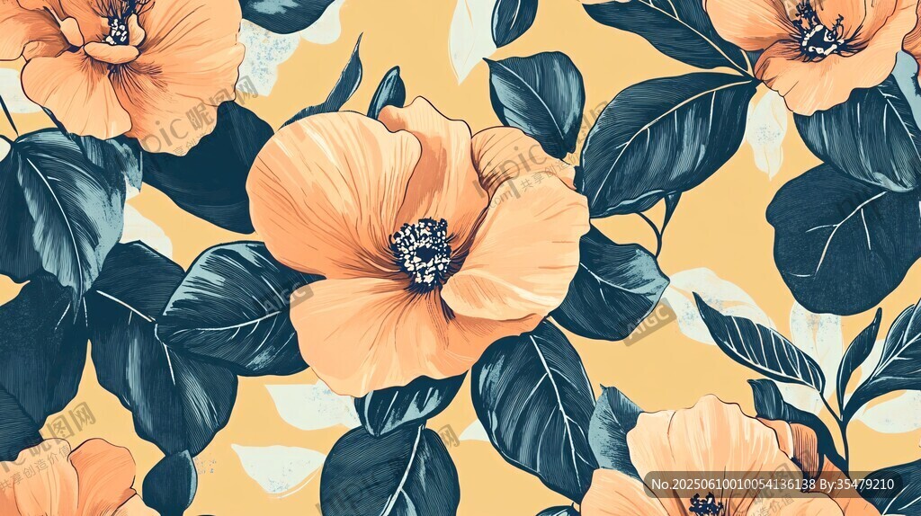 橙花绿叶无缝花卉图案