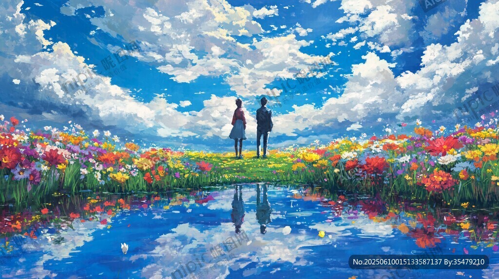 花海湖畔的浪漫二人身影