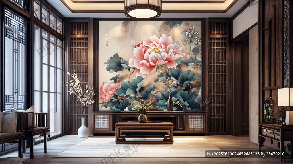 中式客厅的雅致花卉壁画