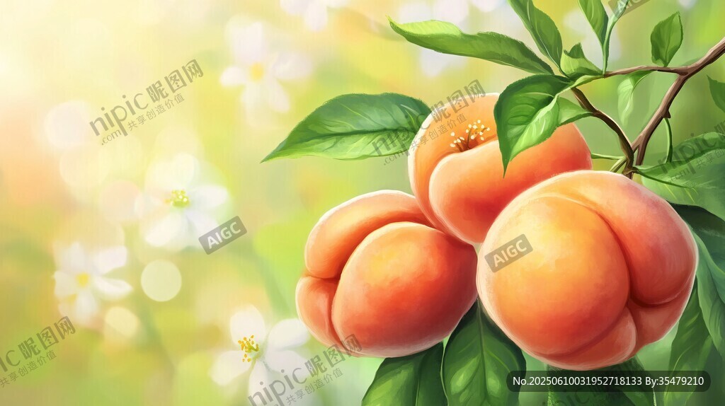 枝头鲜桃 绿叶相伴