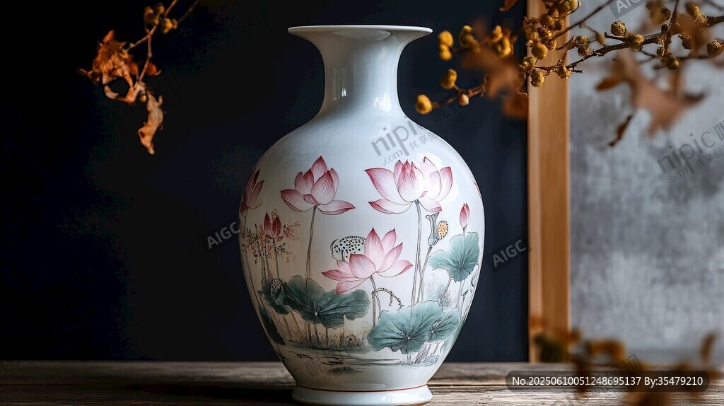 中式手绘荷花花瓶摆件