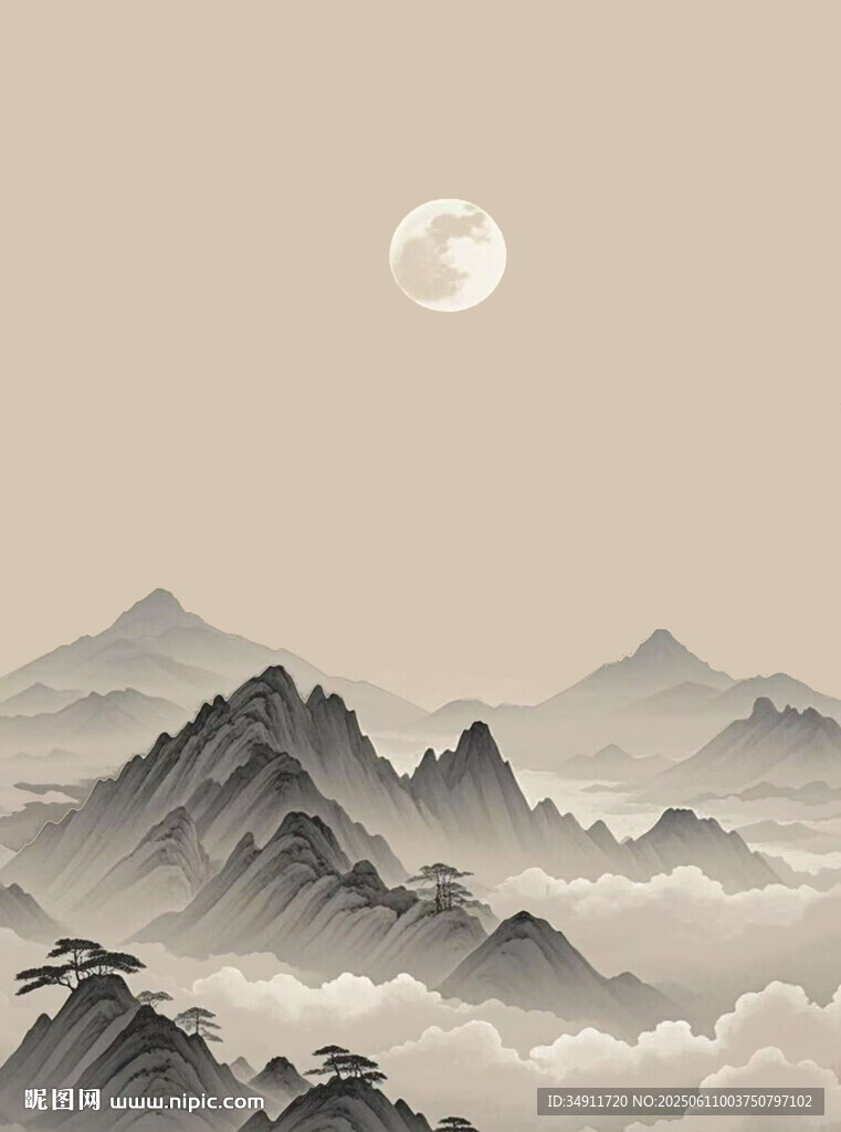 月夜山峦云雾缭绕之景