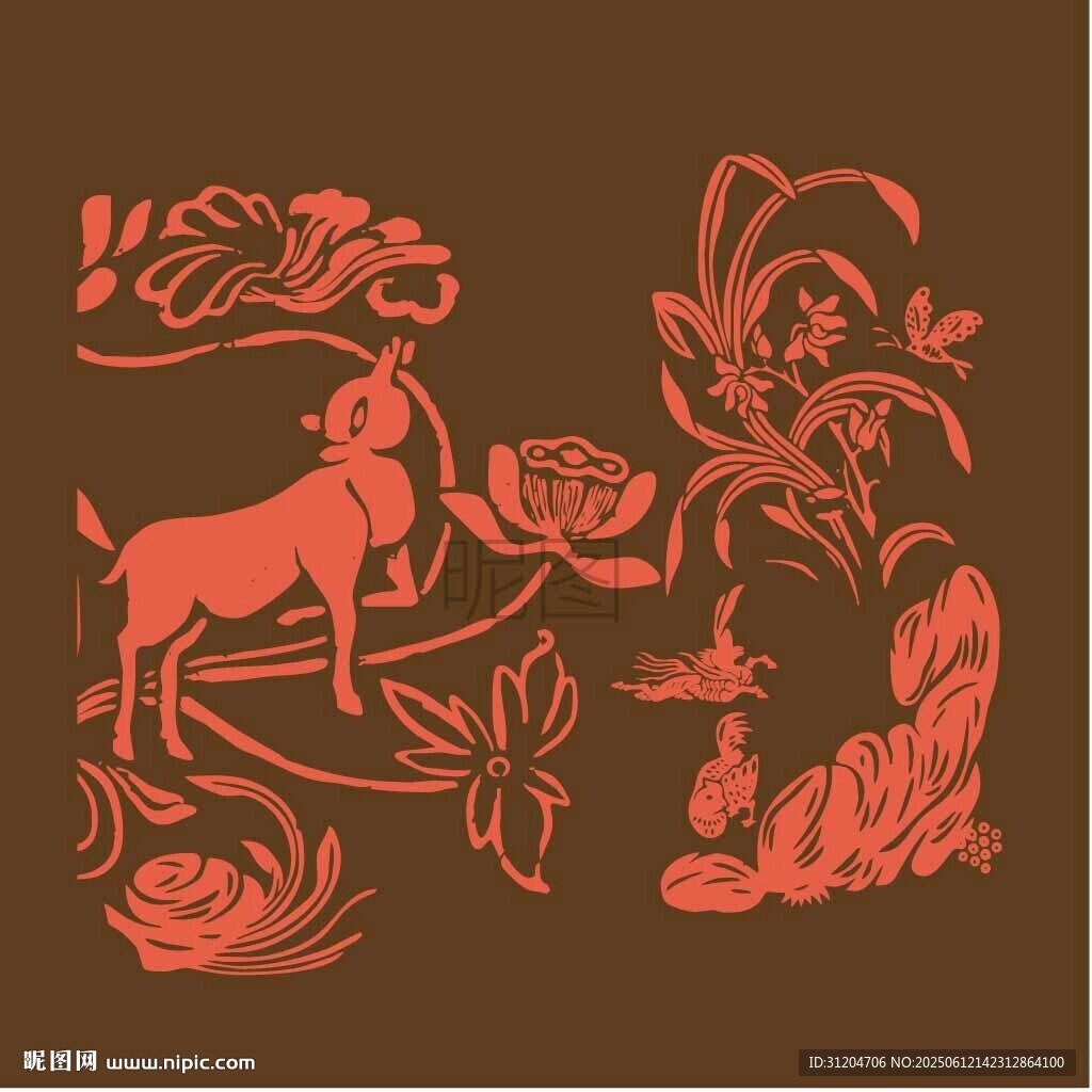 传统剪纸风动物花卉图案