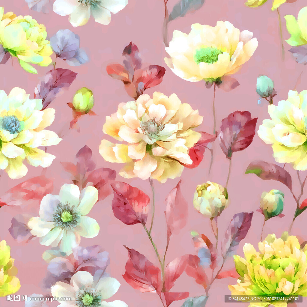 粉色背景水彩花卉图案