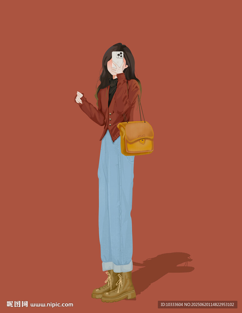 时尚女子手持手机挎包出行
