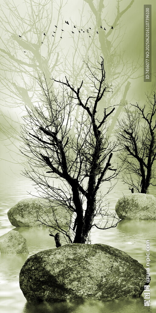 水墨风枯树与石景玄关装饰画