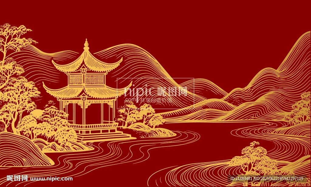 中国风亭子山水背景