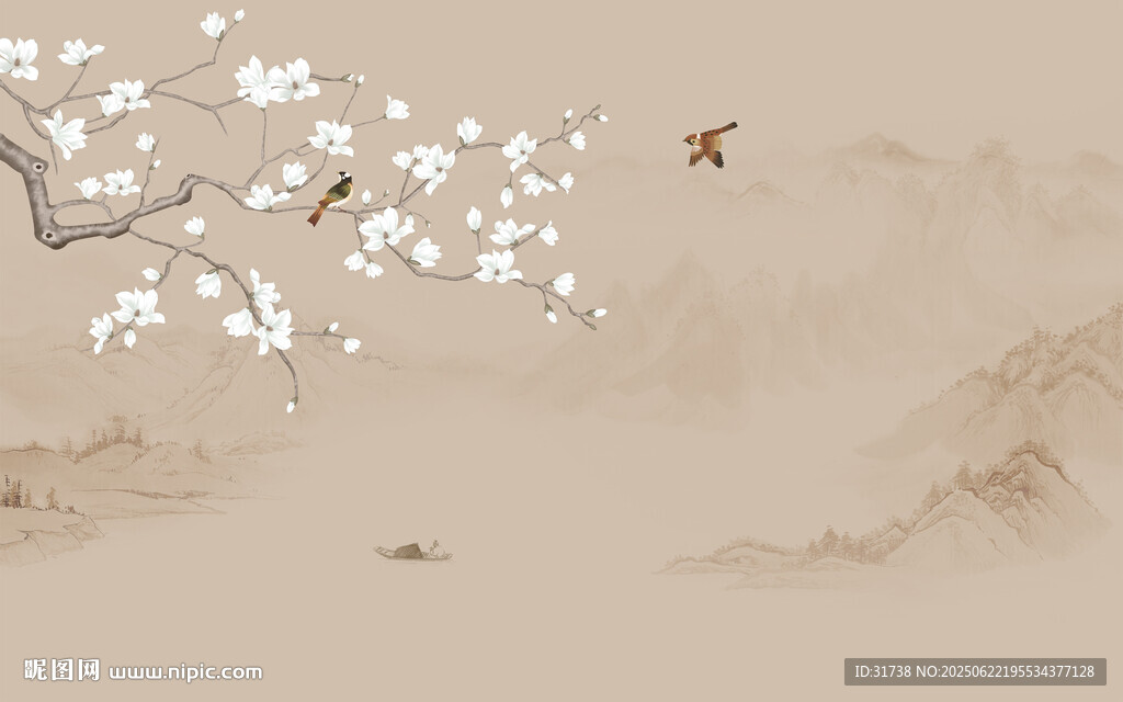 新中式工笔兰花花鸟画背景墙